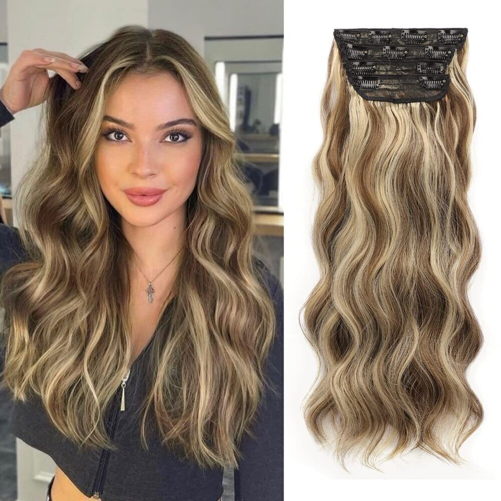 Clip in Long Wavy Hair Extension 4PCS Thick Brown mix Blonde Hairpieces …